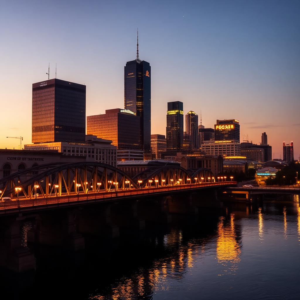 Austin Texas skyline at dusk with Congress Avenue bridge and Frost Bank Tower reflected in the Colorado River