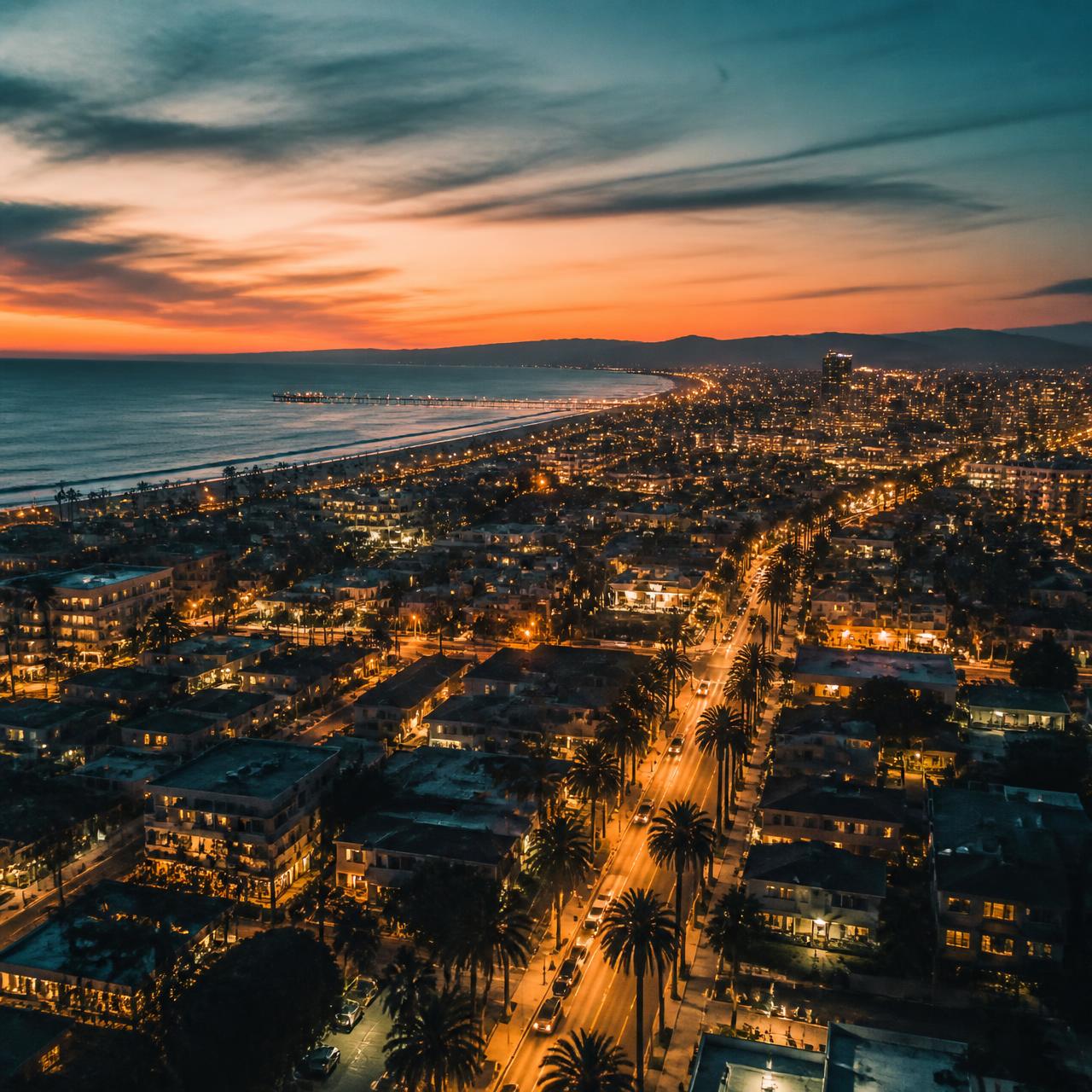 Aerial photograph of the Southern California coastline at dusk with palm-lined streets and city lights along the Pacific