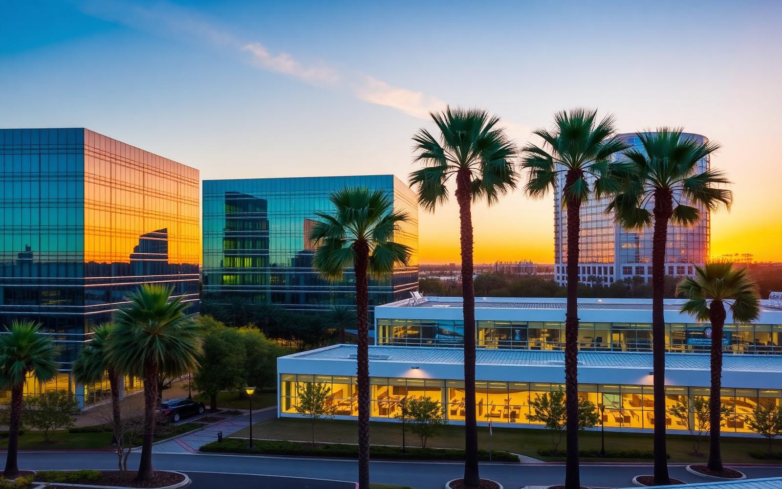 Irvine California modern corporate campus with mirrored glass office buildings and palm trees at sunset