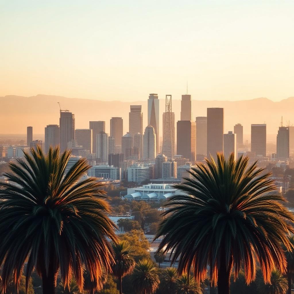 Los Angeles downtown skyline at golden hour with palm trees in the foreground