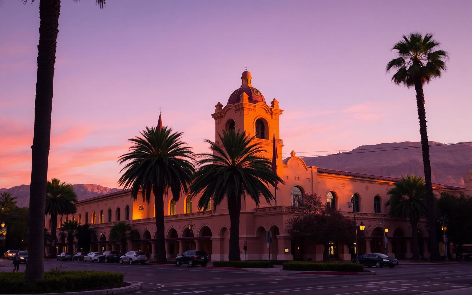 Riverside California Mission Inn Spanish Revival architecture with palm trees at sunset