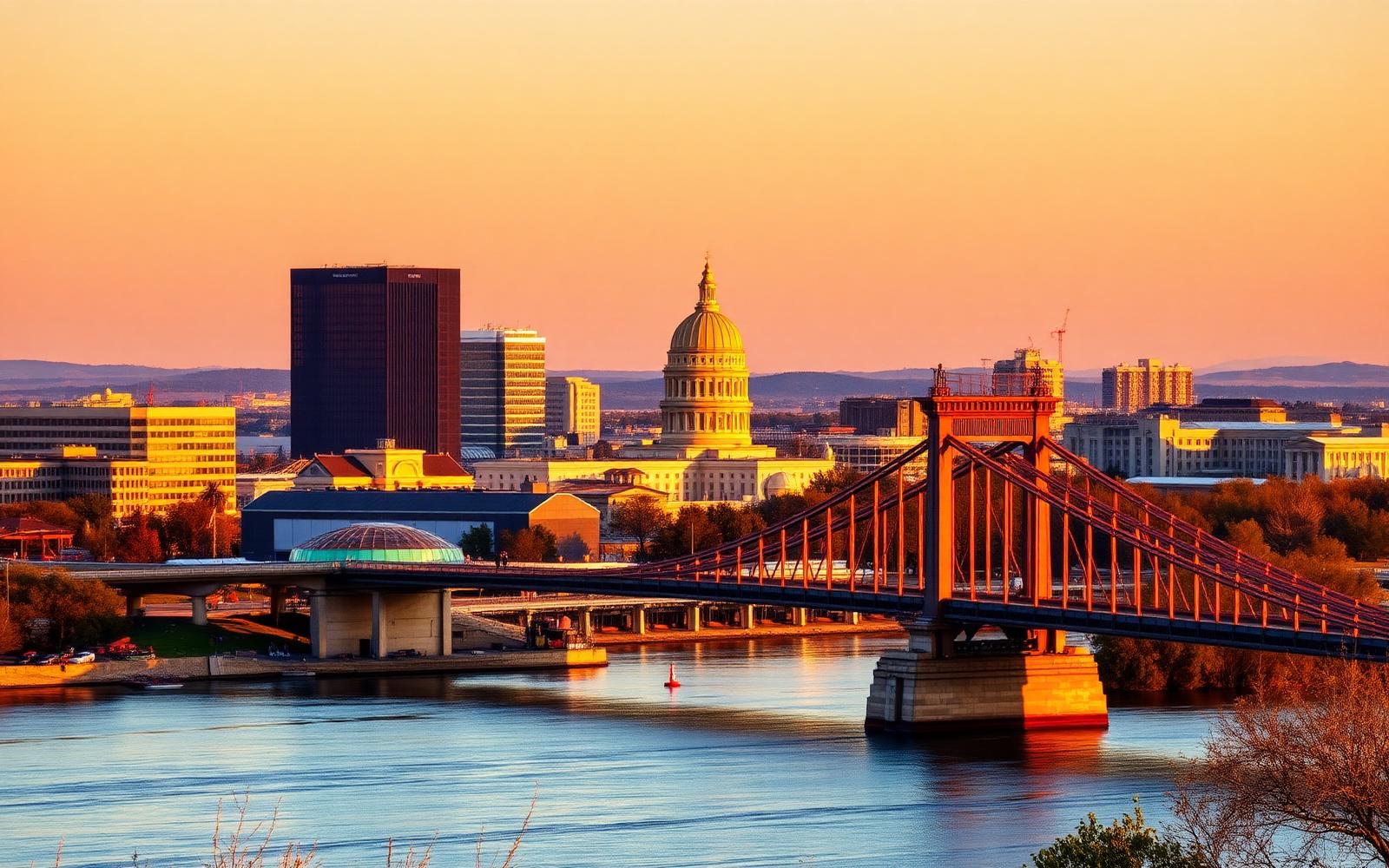 Sacramento skyline with the State Capitol dome and Tower Bridge at sunset