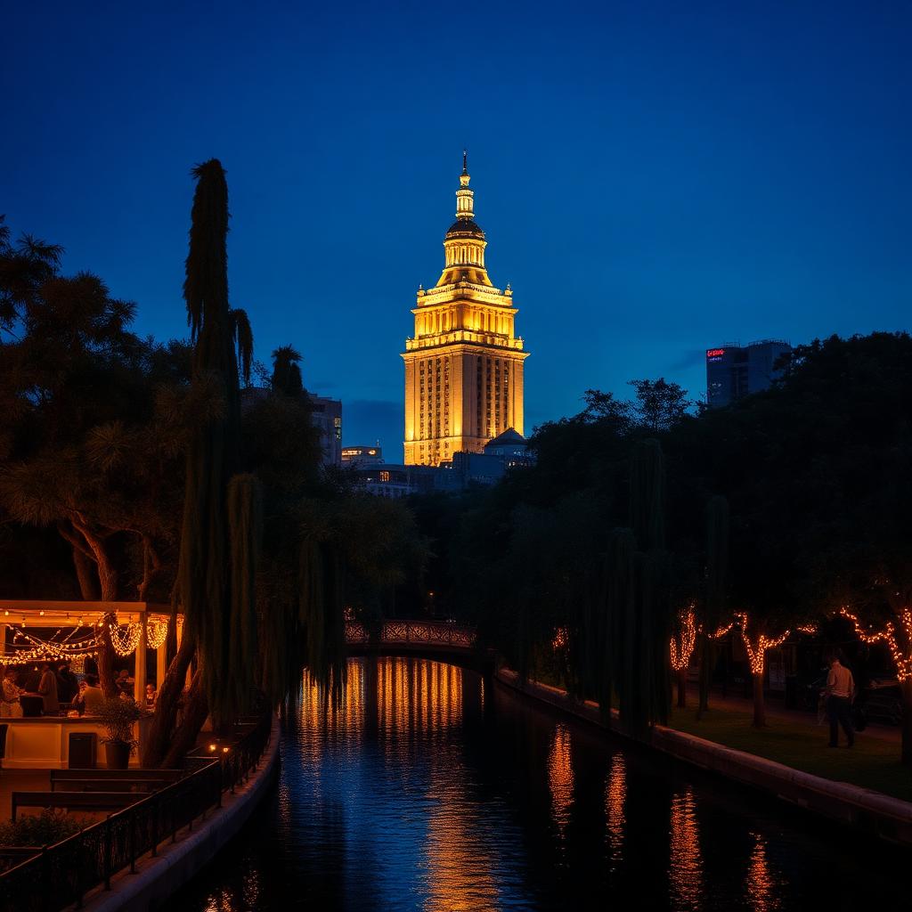 San Antonio Texas Tower Life Building illuminated at dusk over River Walk with cypress trees and warm string lights
