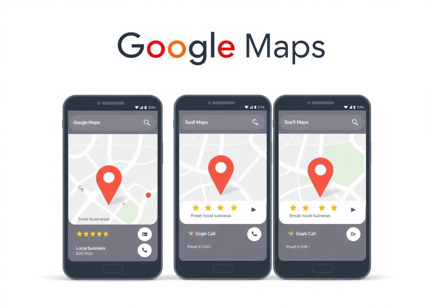 Illustration of a Google Maps local pack listing showing three local businesses with star ratings and call buttons