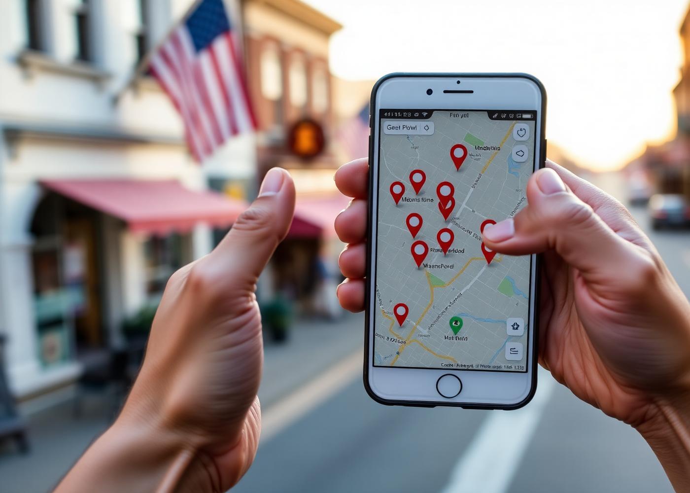 Customer holding a phone displaying Google Maps pins in front of a US main street