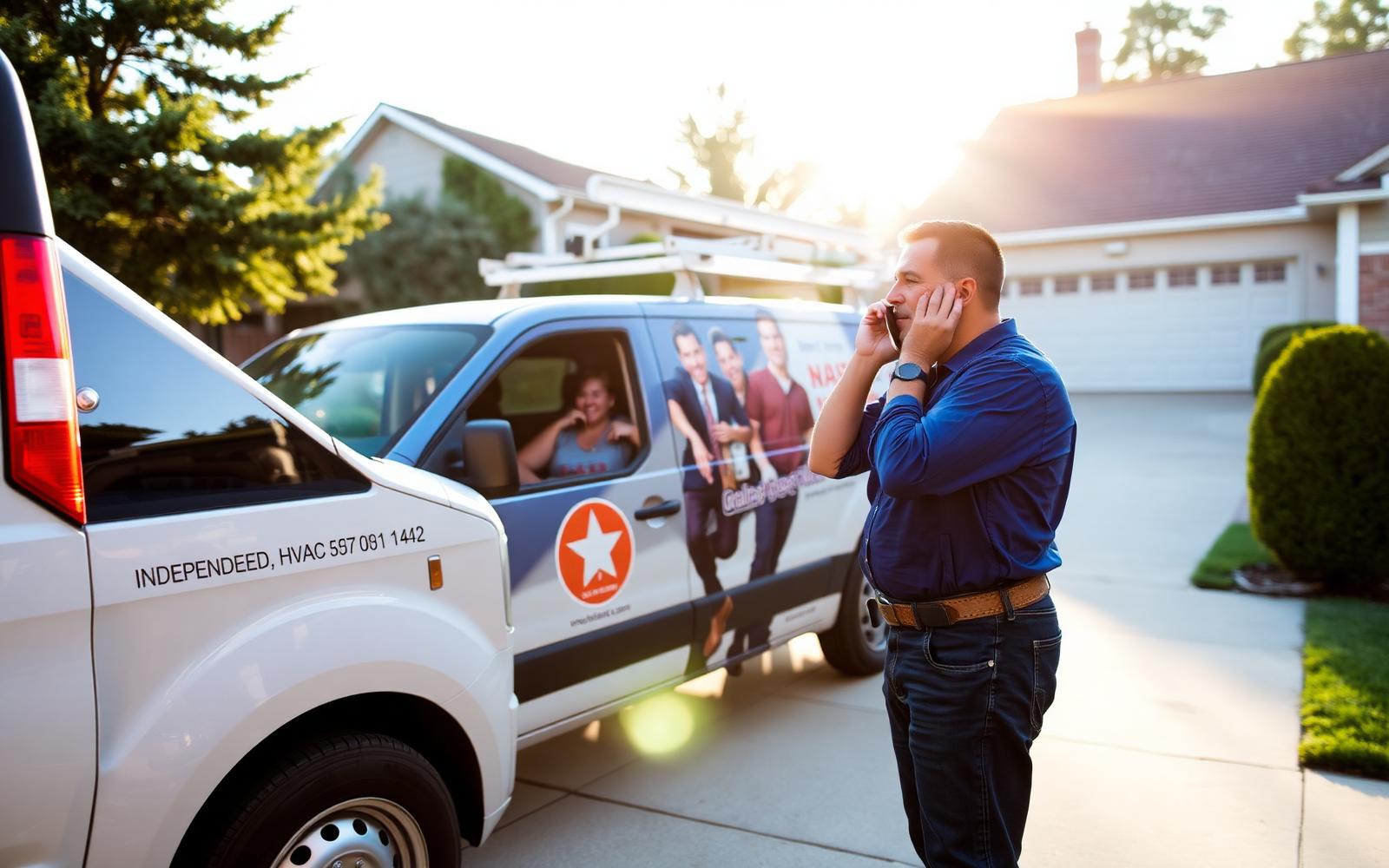 Independent HVAC contractor answering an inbound call next to a branded service van